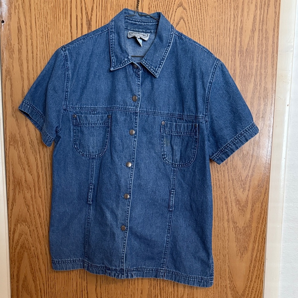 Vintage 90s Stonebridge Short Sleeve Button Front Denim Shirt Belted Size L